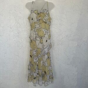 Eddie Rodriguez 100% Silk Floral Ruffle High Low Midi Dress Yellow Cream Size 8